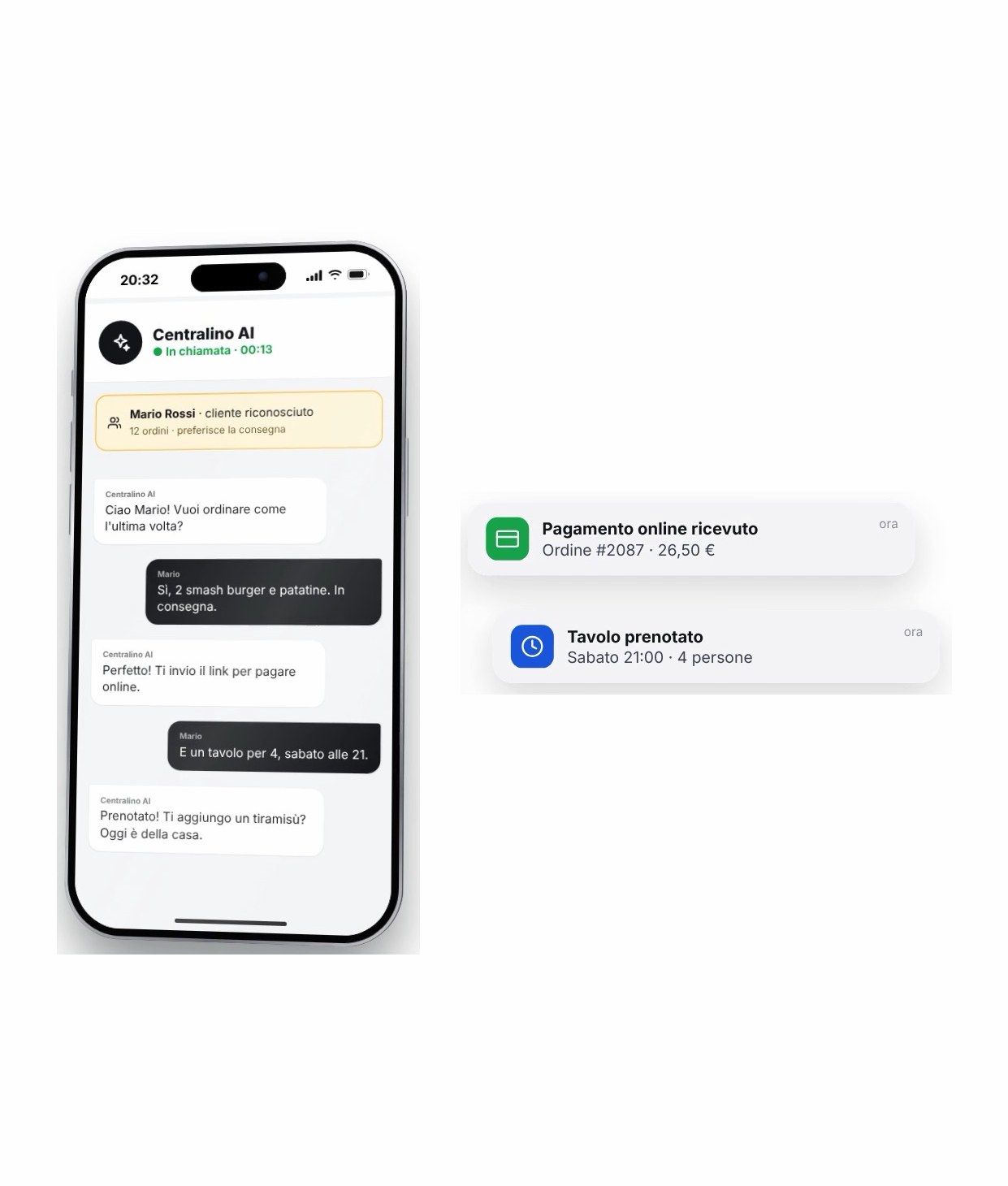 Chat del Centralino AI con ordine in consegna, pagamento online ricevuto e tavolo prenotato